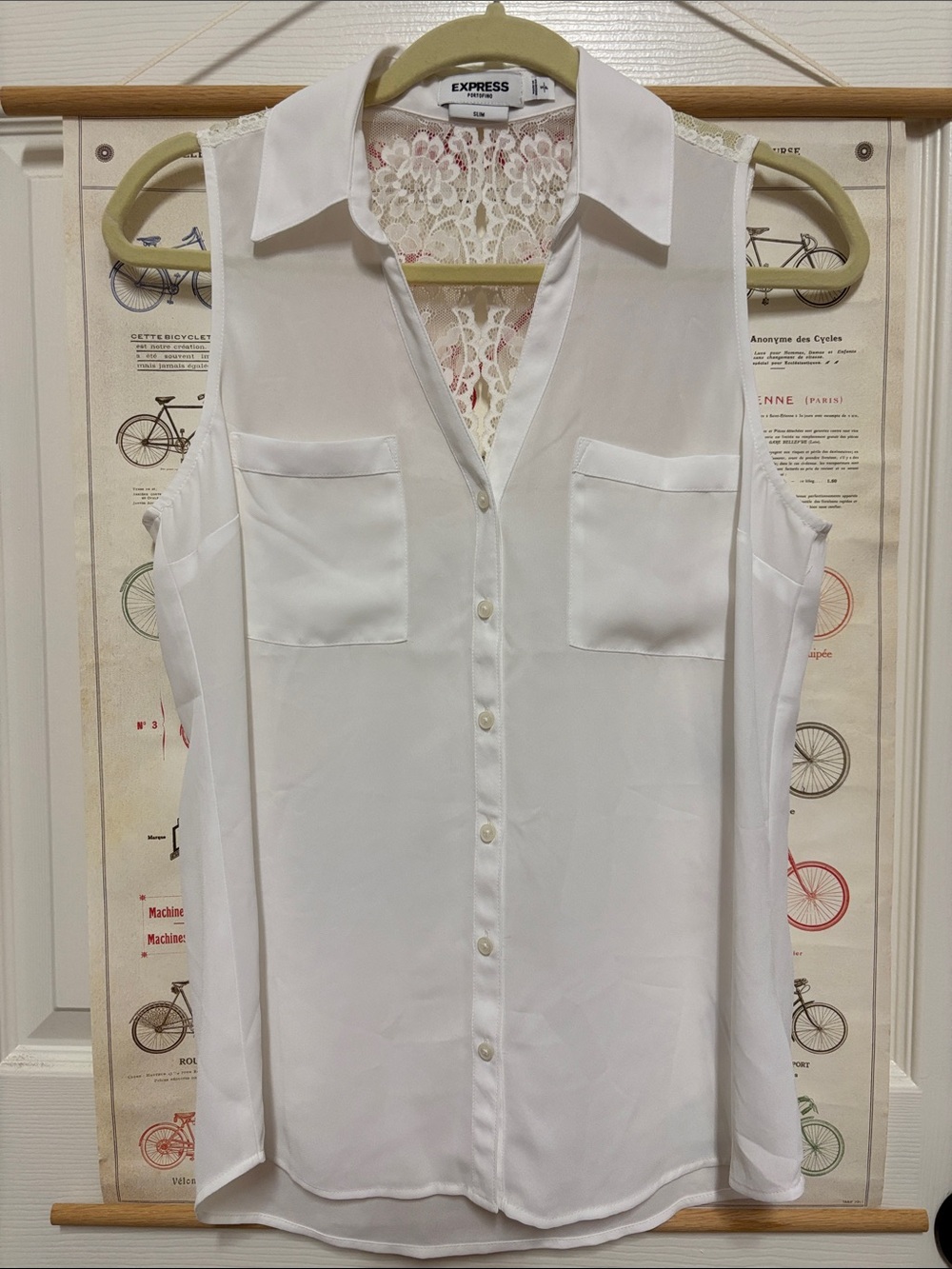 Express White Sleeveless Lace-Back Button-Down Top